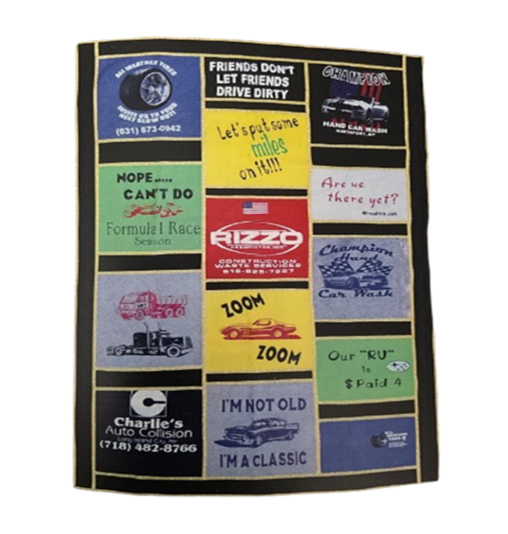 Patchwork blanket with car-themed logos and quotes, featuring various automotive services and humorous car-related sayings, displayed in colorful squares.