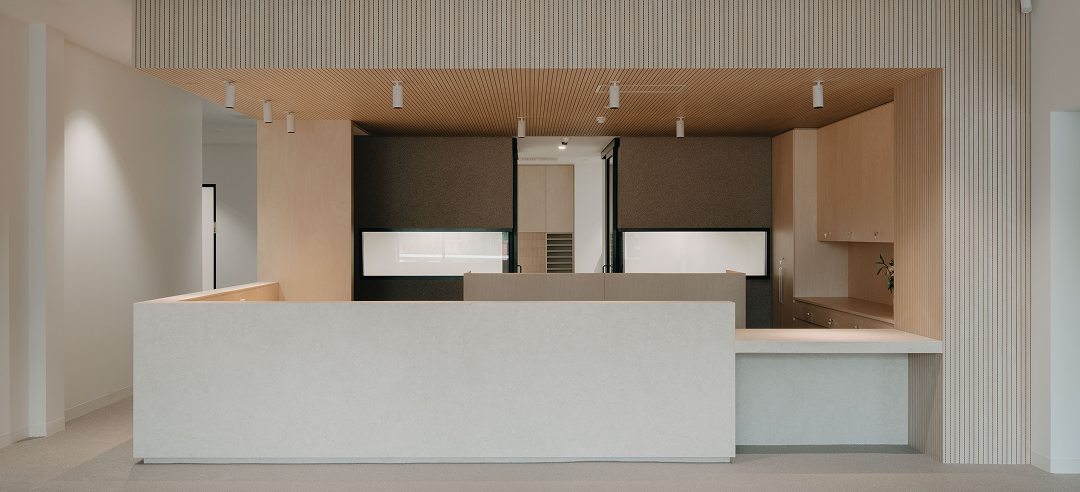 Hyde Park Medical Clinic reception area with a stone-clad front desk, warm timber slatted ceiling, light timber cabinetry, and consultation room partitions with dark acoustic panels and illuminated clerestory windows.