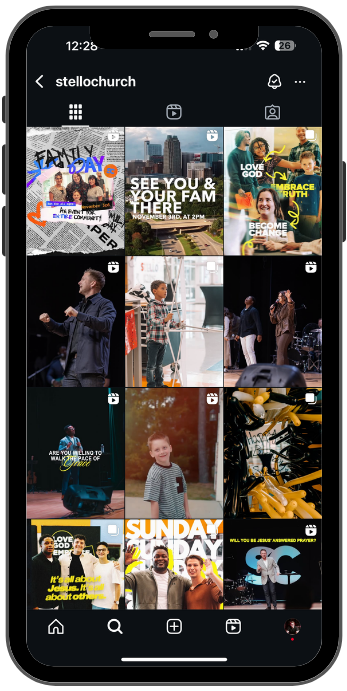 Instagram grid of church-related photos including event flyers, people speaking or singing on stage, a child, and yellow bicycles.