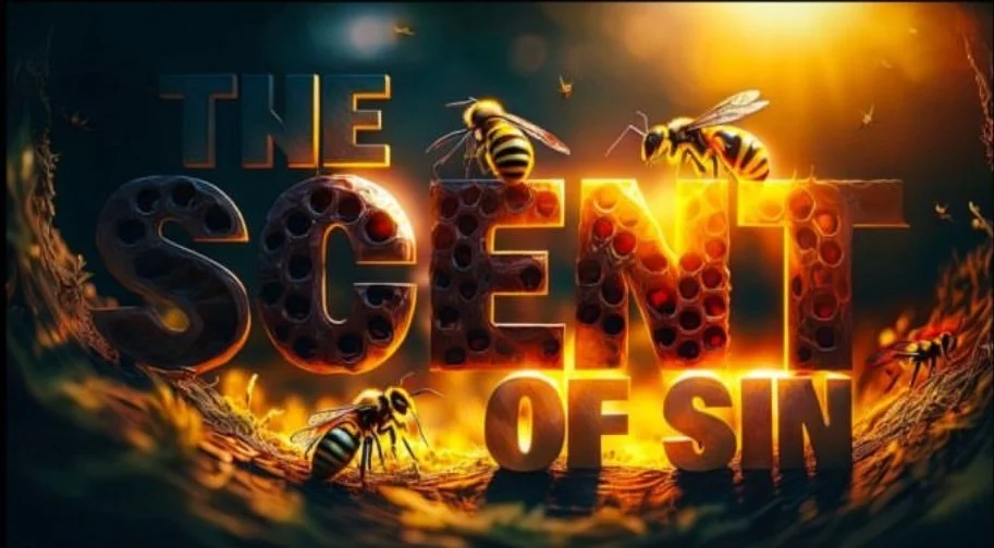 A digital illustration featuring the words 'The Silent of Sin' with bees flying around and the background glowing with dark and fiery tones.