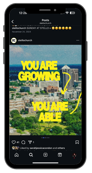 A cityscape with tall buildings and green trees, with an overlaid inspirational quote in bright yellow text that reads "YOU ARE GROWING YOU ARE ABLE" and yellow arrows pointing to the text.