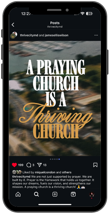A social media post with blurred background and text that reads, 'A PRAYING CHURCH IS A Thriving CHURCH' in white and gold lettering.