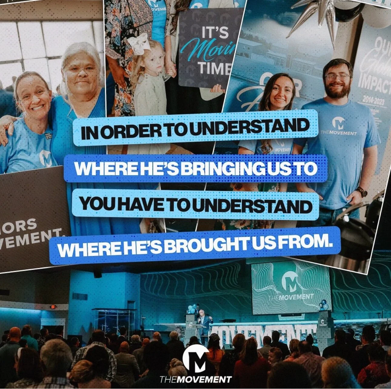 A large group of people attending a conference called THE MOVEMENT, featuring a speaker on stage and a large screen with an overlay of a quote about understanding where someone has brought us from.