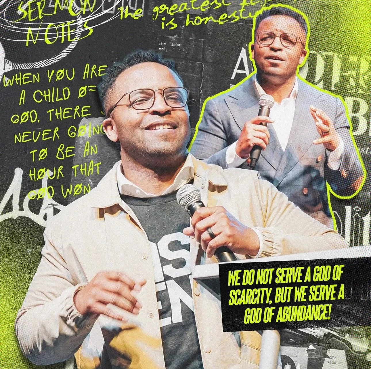 Two men speaking at a podium with microphones, surrounded by handwritten and printed motivational quotes about serving God, humility, and abundance, with one man smiling and the other gesturing.