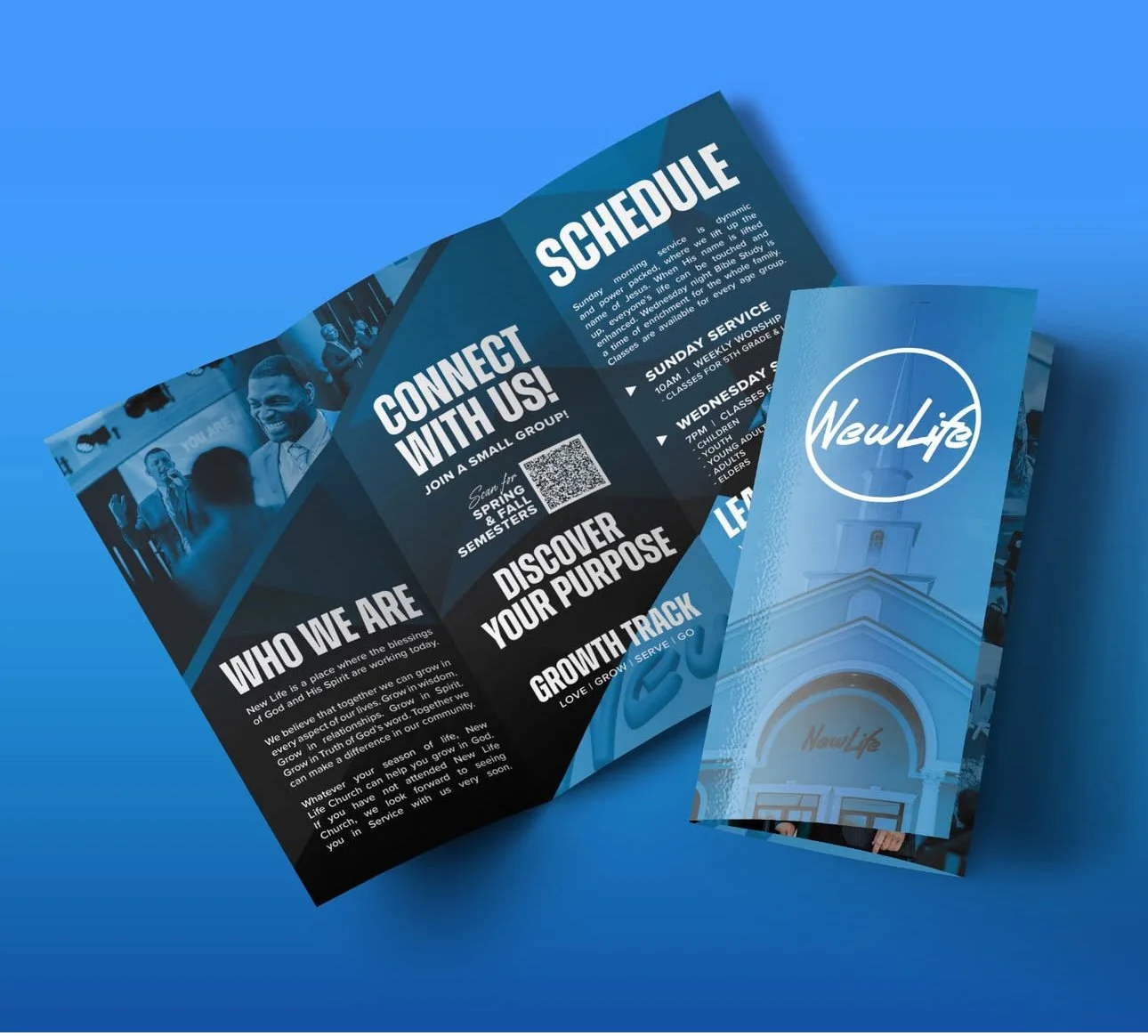 Brochure for New Life church featuring schedule, purpose, growth track, and contact information with images of church building and congregation.