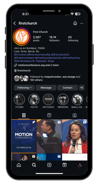 Instagram profile page for First Church, showing the handle @firstchurch, 2,587 posts, 19.1K followers, and 43 accounts followed. The bio invites followers to join services on Sundays at 10AM, and provides church contact and location information. The