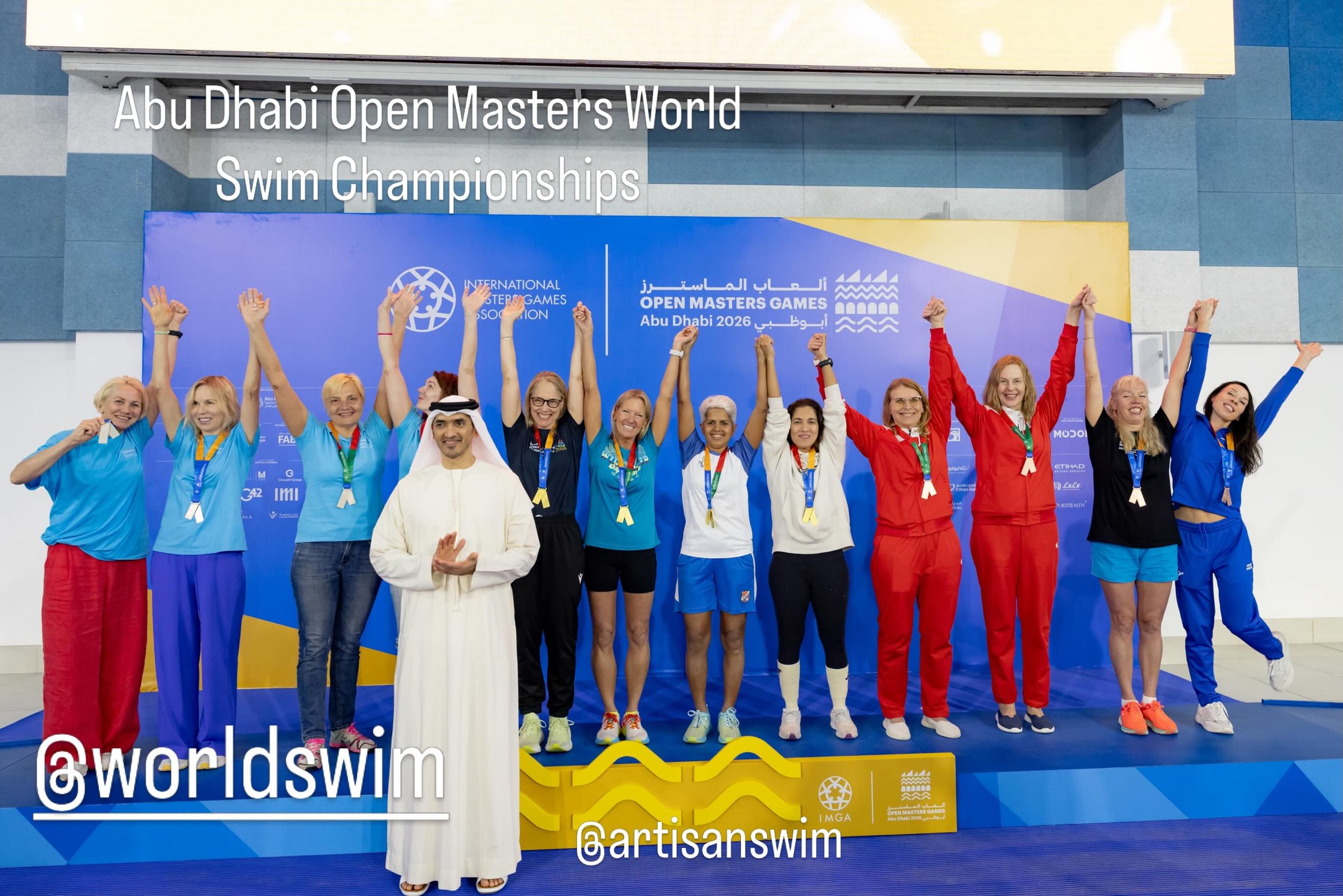 Founder of ArtisanSwim, Coach Beth traveled to the Open Masters World Swim Championships in Abu Dhabi this year where she swam on an international relay representing the US, with teammates from India, Dubai, and Saudi Arabia. Their team together took