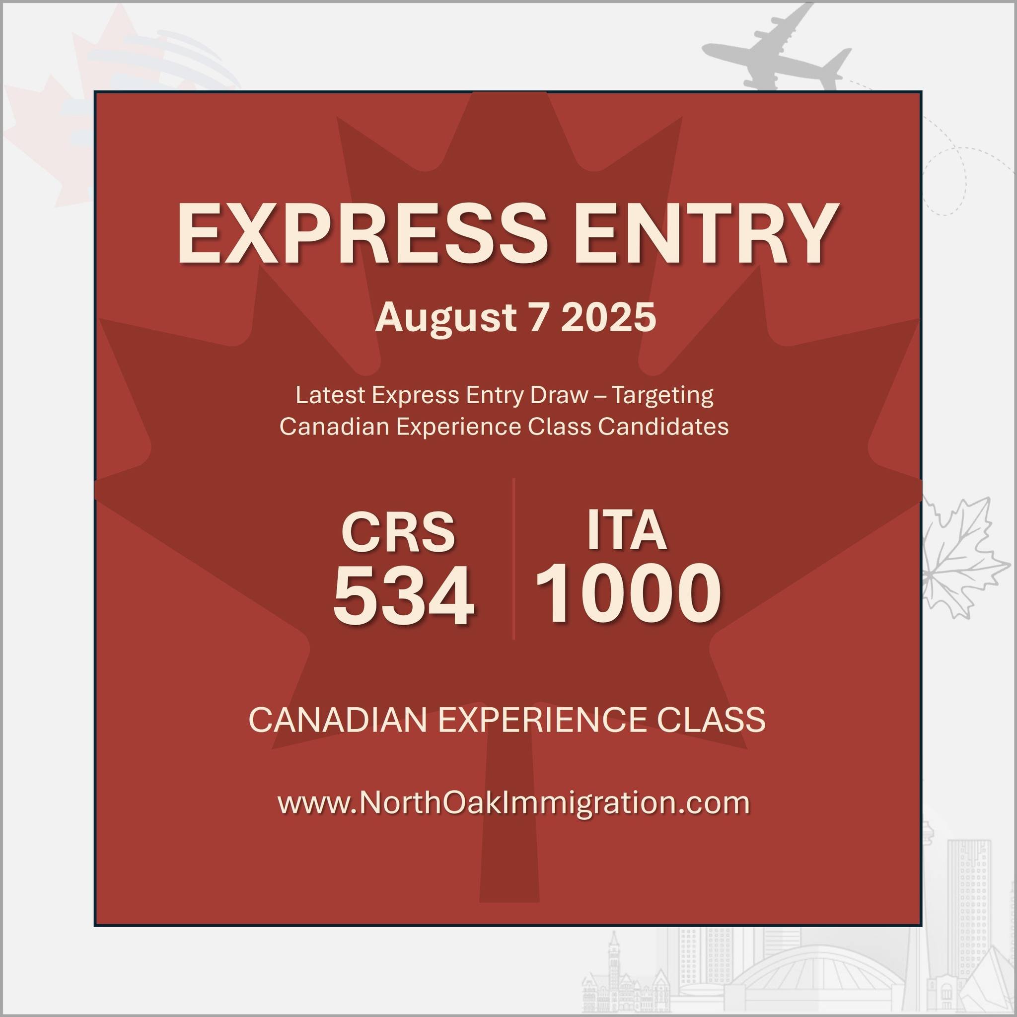 🚨 Express Entry Update &ndash; Canadian Experience Class Draw! 🚨

IRCC has invited 1000 applicants through the CEC -specific Express Entry draw with a minimum CRS score of 534! 

Congratulations to those who received an Invitation to Apply, its the