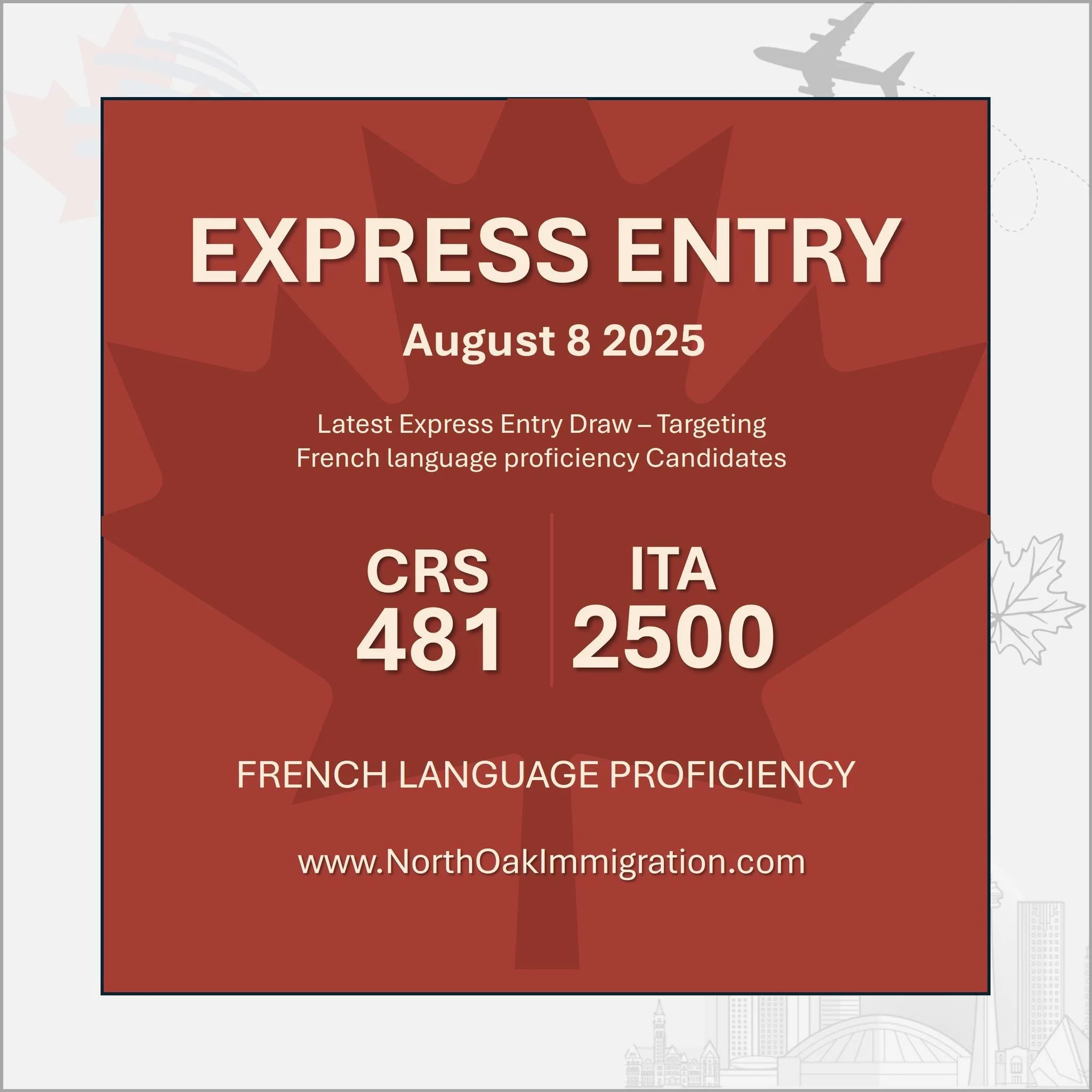 🚨 Latest Express Entry Draw Update! 🚨
IRCC conducted the latest Express Entry draw in the Francophone category inviting 2500 candidates and having a cutoff score of 481! 🎯
If you&rsquo;ve received an Invitation to Apply &ndash; congratulations! 🎉