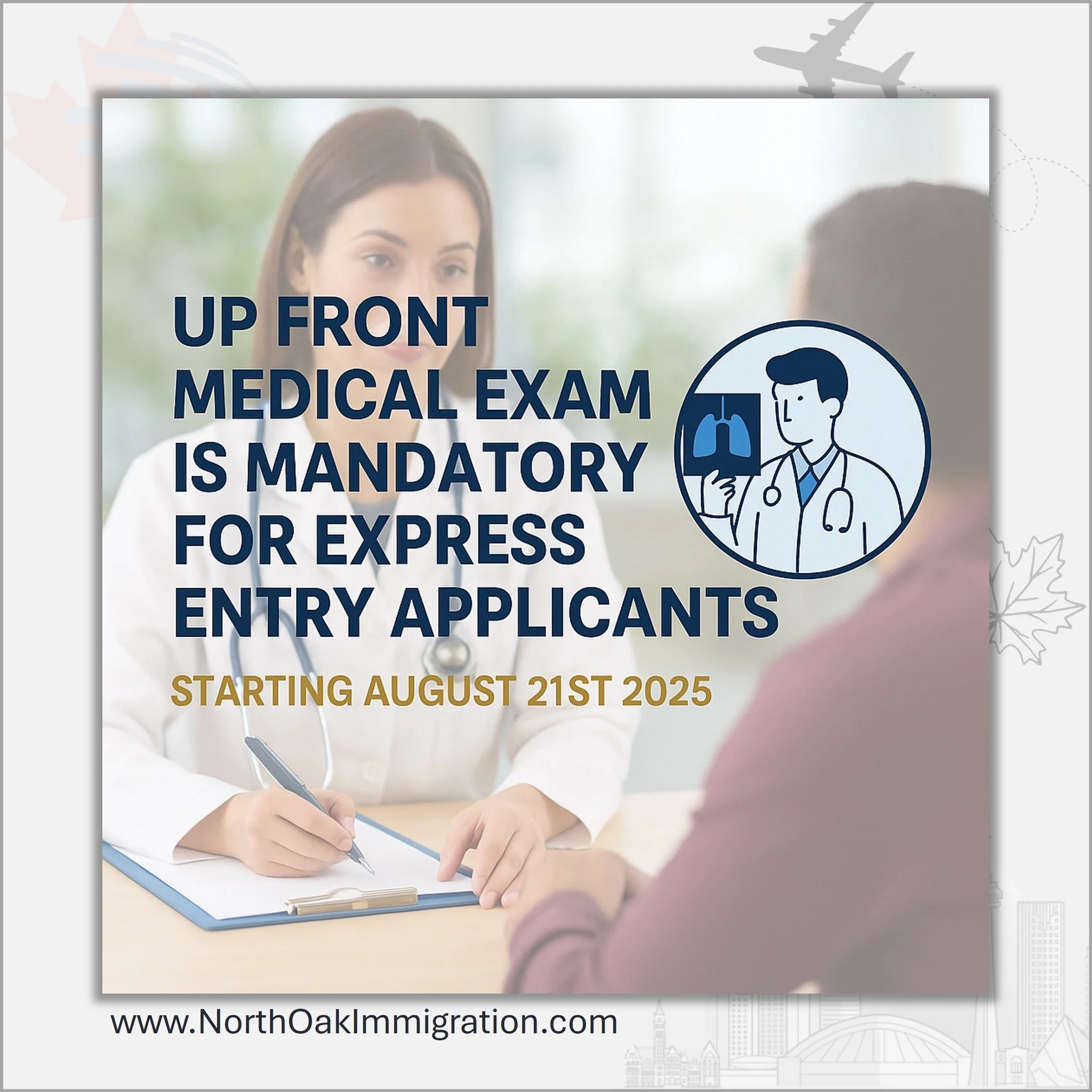 📢 Important Update for Express Entry Applicants
Starting August 21, 2025, an Up Front Medical Exam will be mandatory for all Express Entry applicants.
✅ This means you will need to complete your medical exam before submitting your PR application.

?