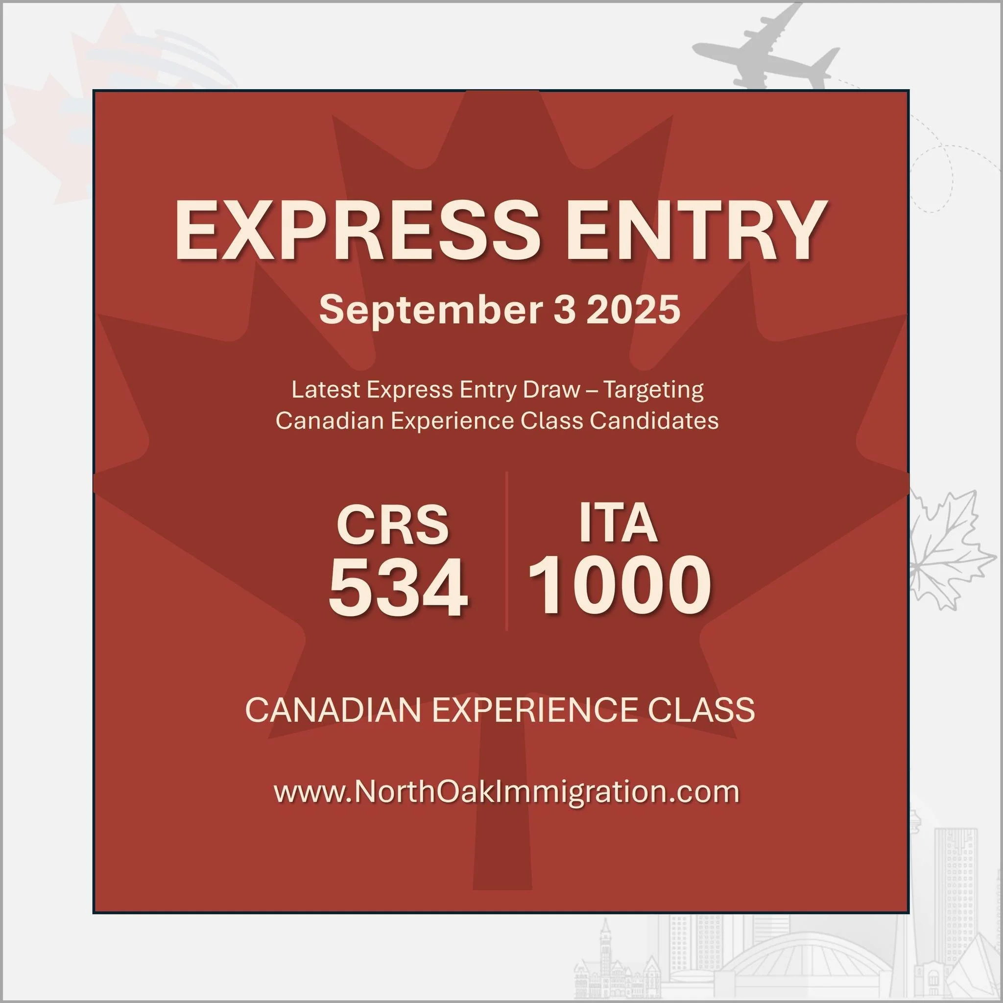 Express Entry Update &ndash; Canadian Experience Class Draw! 

IRCC has invited 1000 applicants through the CEC -specific Express Entry draw with a minimum CRS score of 534! 

Congratulations to those who received an Invitation to Apply, its the time