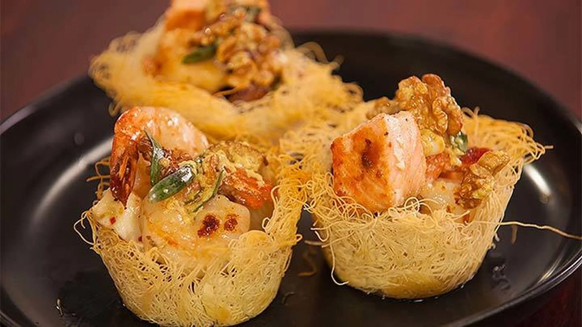 Grilled Seafood & Mushroom Baskets with Walnut & Tarragon Dressing