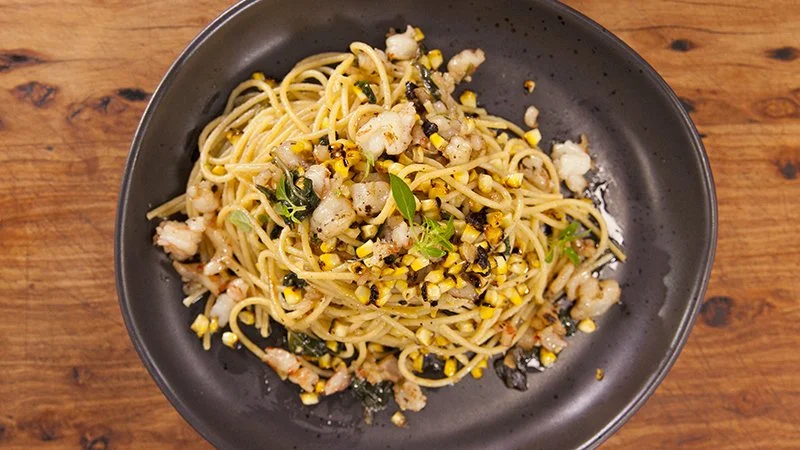 Spaghetti with Prawns, Charred Corn, Green Chilli and Black Garlic