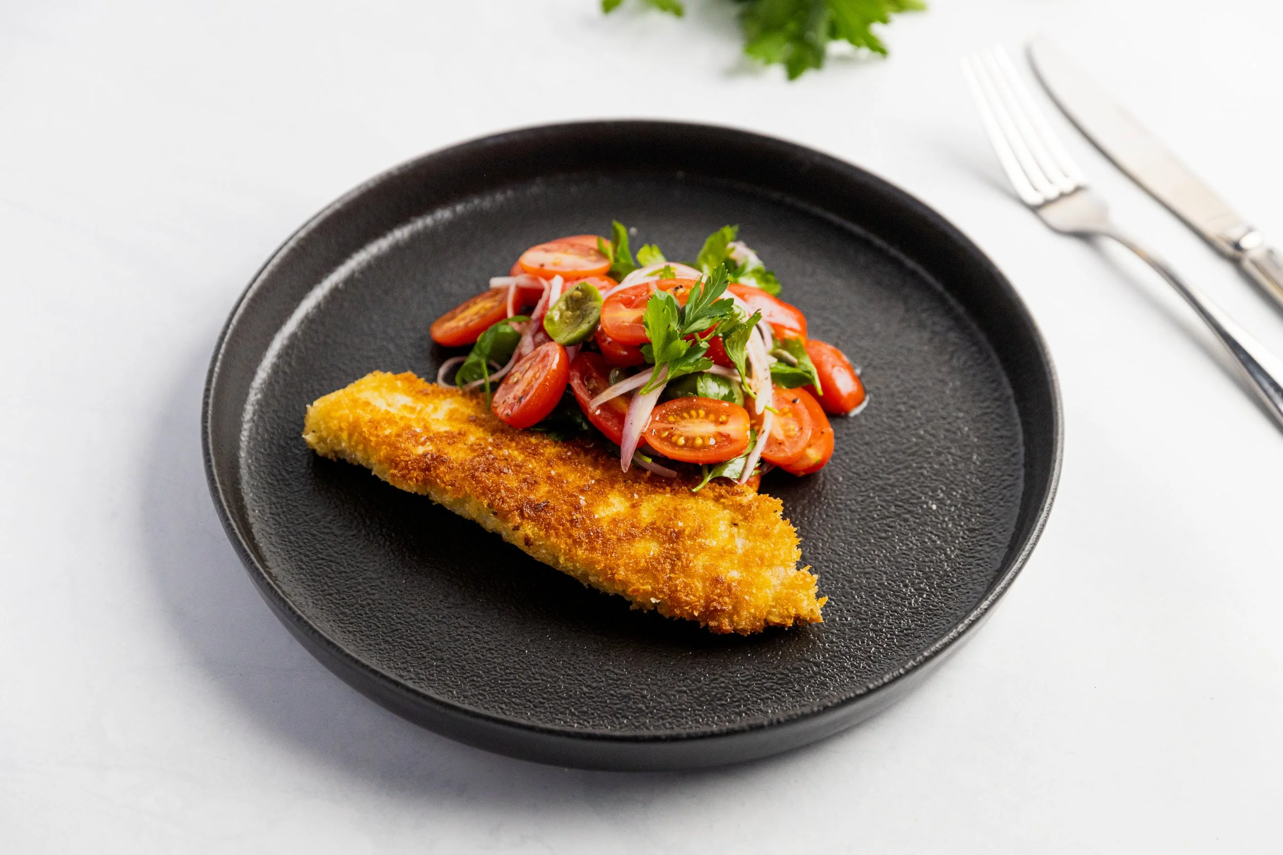 Crumbed Fish with Tomato and Parsley Salad
