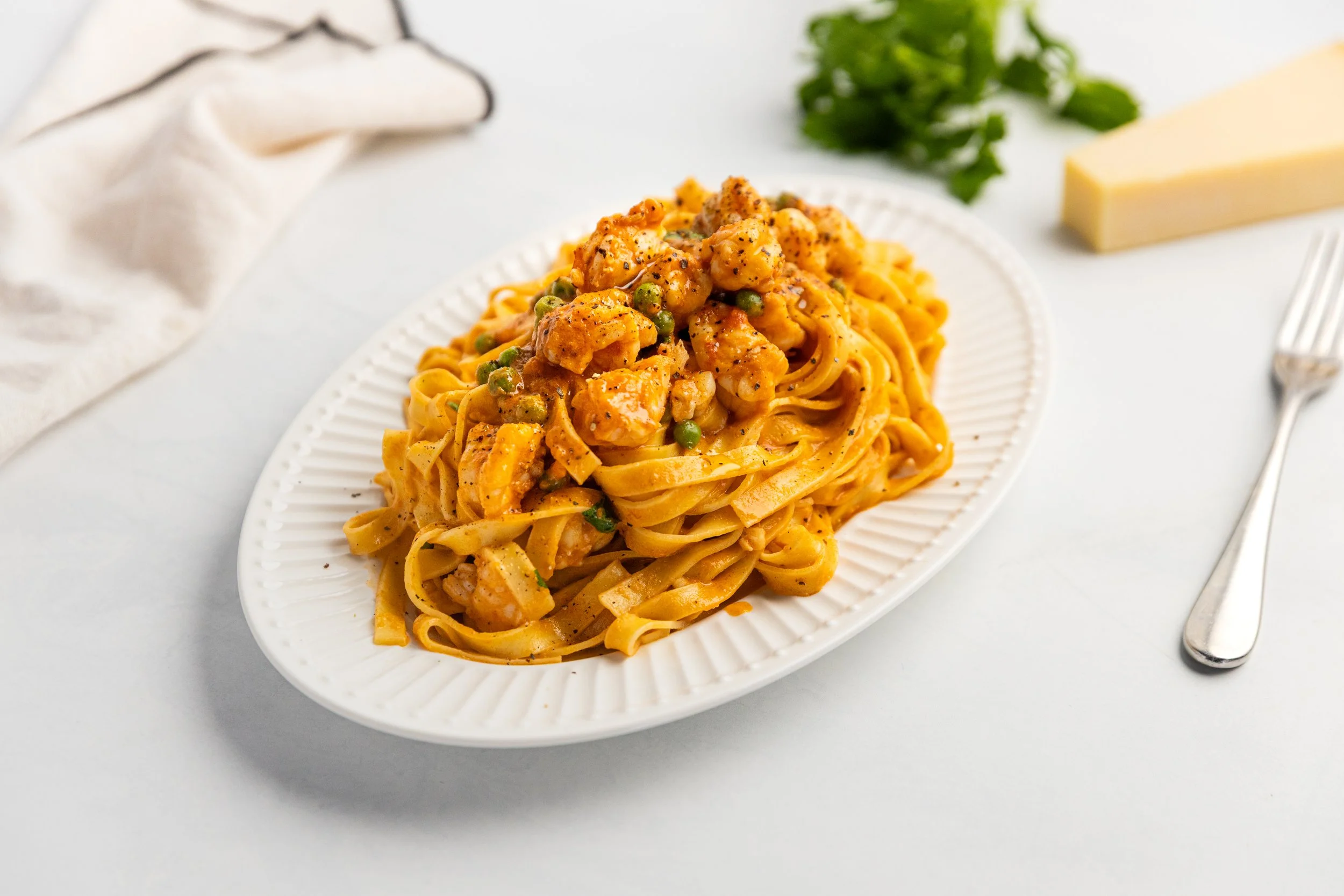 Fettuccine Napoletana with Prawns &amp; Peas