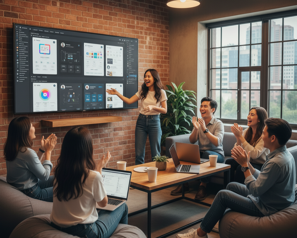 A woman with glasses and headphones around her neck working on a desktop computer at an office desk, with a glass desk lamp and office supplies nearby.