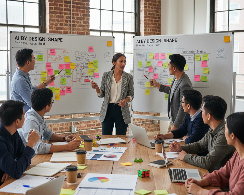 A woman is writing on a transparent board with many people sitting behind her in a classroom or workshop setting.