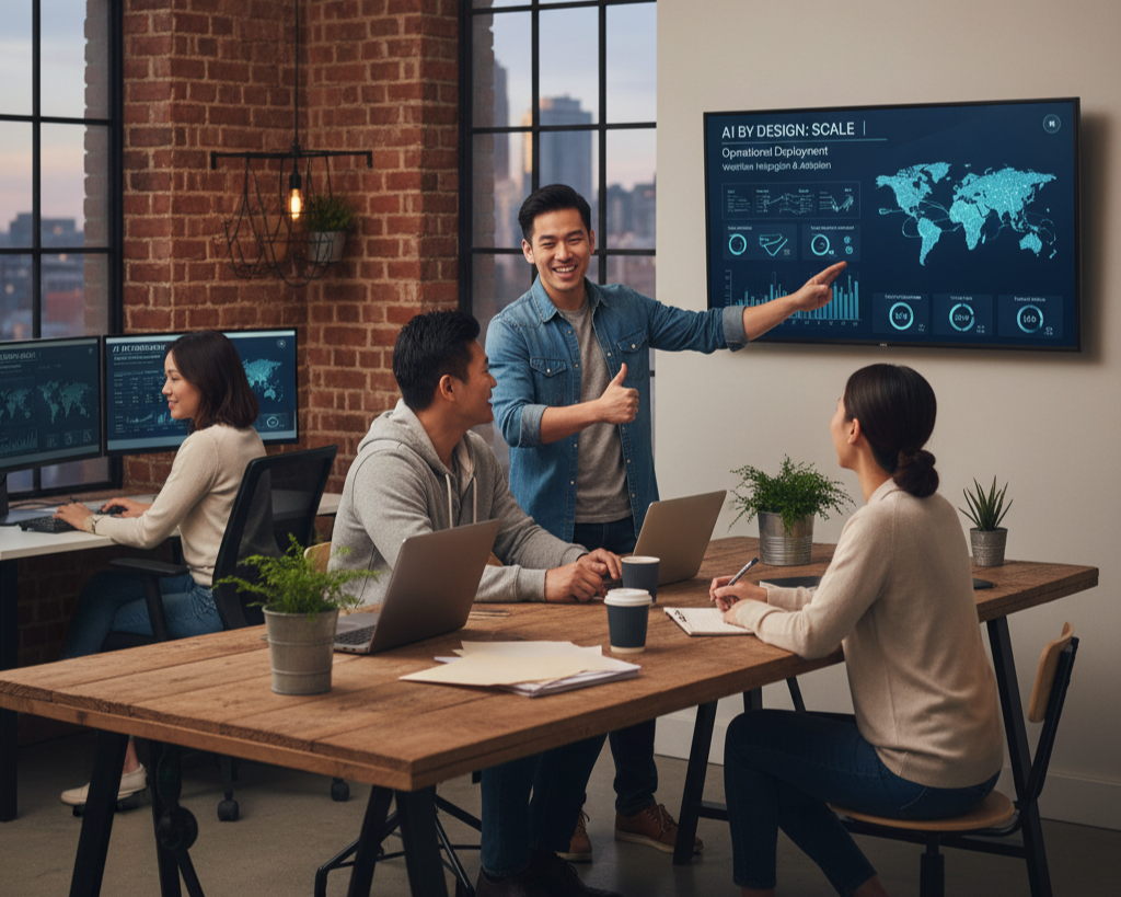 Group of five young adults working on laptops around a wooden table in a cozy room with wooden walls, some with headphones, in a collaborative setting.