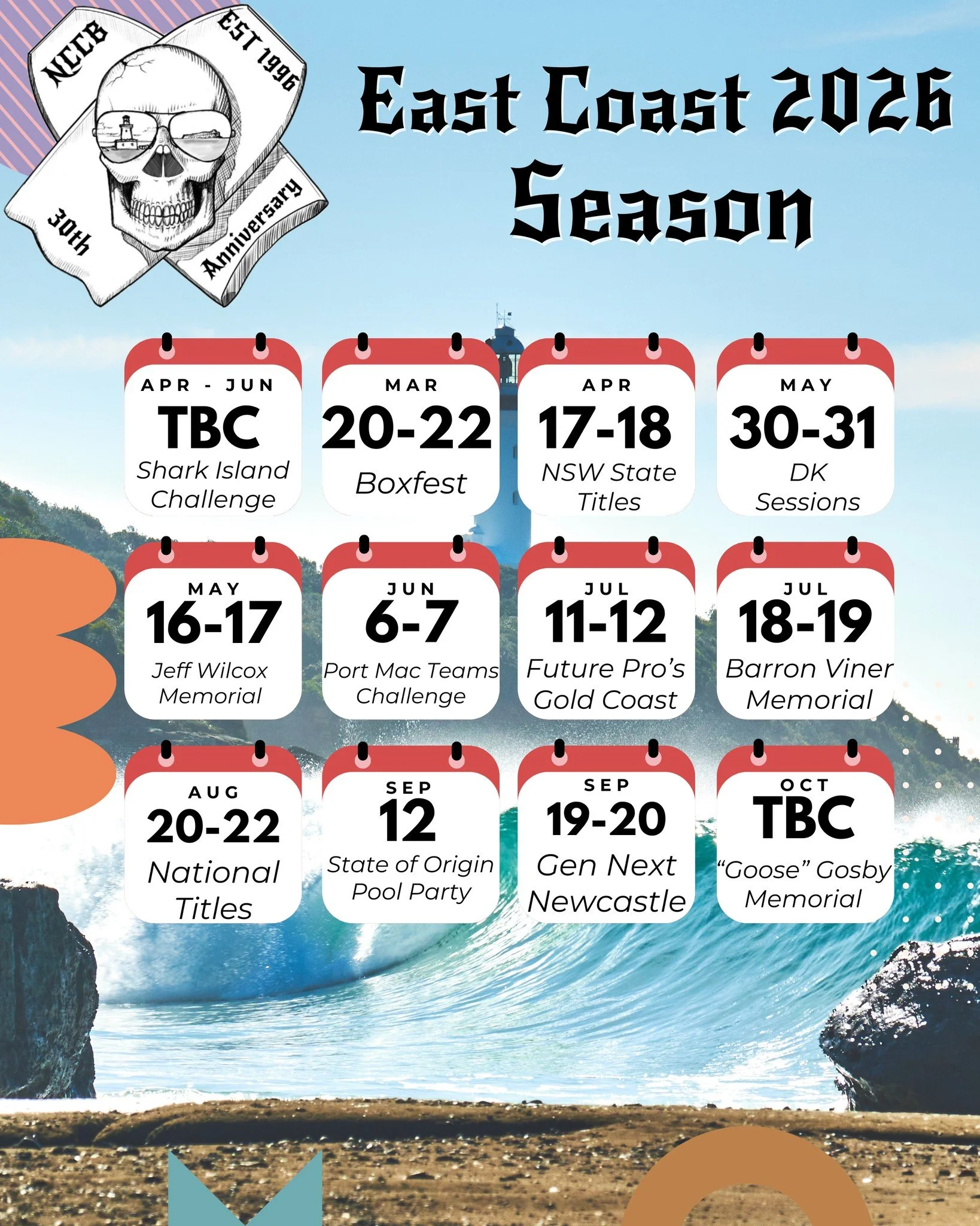 Check out the full 2026 competition calendar attached. With another year of bodyboarding ahead, we're encouraging all NCCB riders to get out and support the other clubs and competition events happening up and down the east coast throughout the year.
