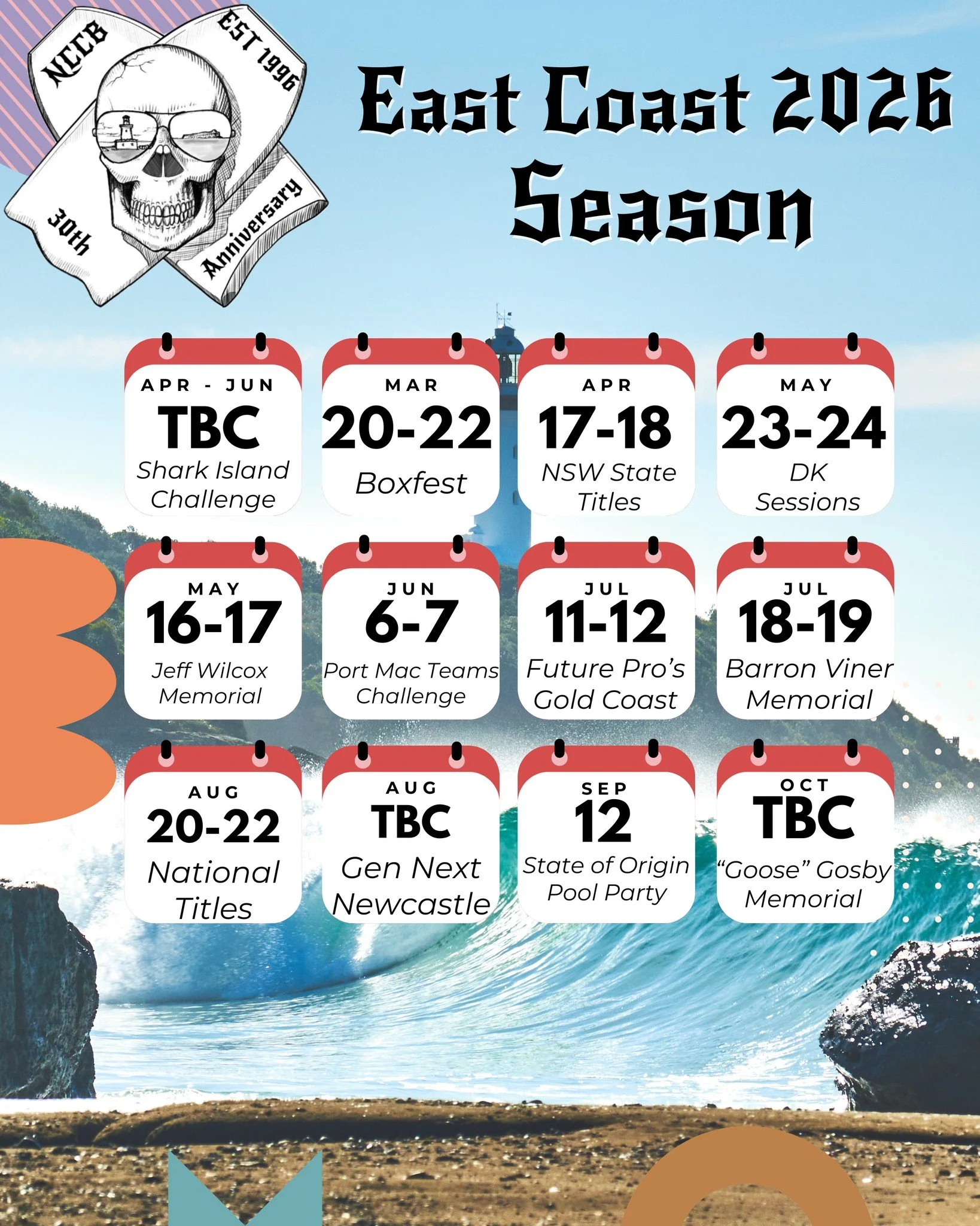 2026 East Coast Calendar

Check out the full 2026 competition calendar attached. With another year of bodyboarding ahead, we're encouraging all NCCB riders to get out and support the other clubs and competition events happening up and down the east c