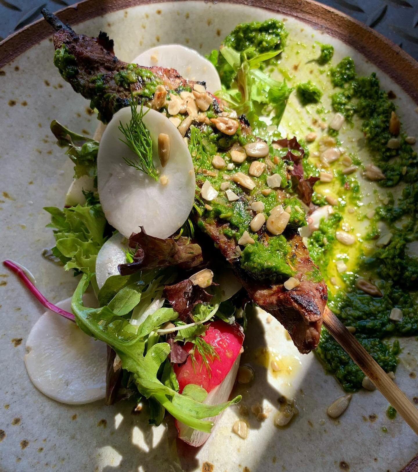 It was so fun to run some skewers that we are doing it again! This time beef with turnip top pesto, turnip and radish salad, and sunflowers seeds. Meat on a stick is just fun. Tbh any food on a stick is fun! Lookin at you gas station corn dog. Open t