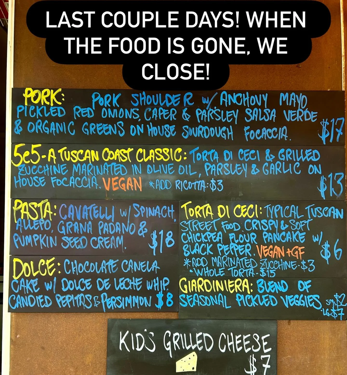 We will be open until we run out of food this week. Small menu big dreams y&rsquo;all! Thanks everyone for everything. Also thank you for all the kind words and support. It means so much to feel supported in my decision to take a break. ✌️