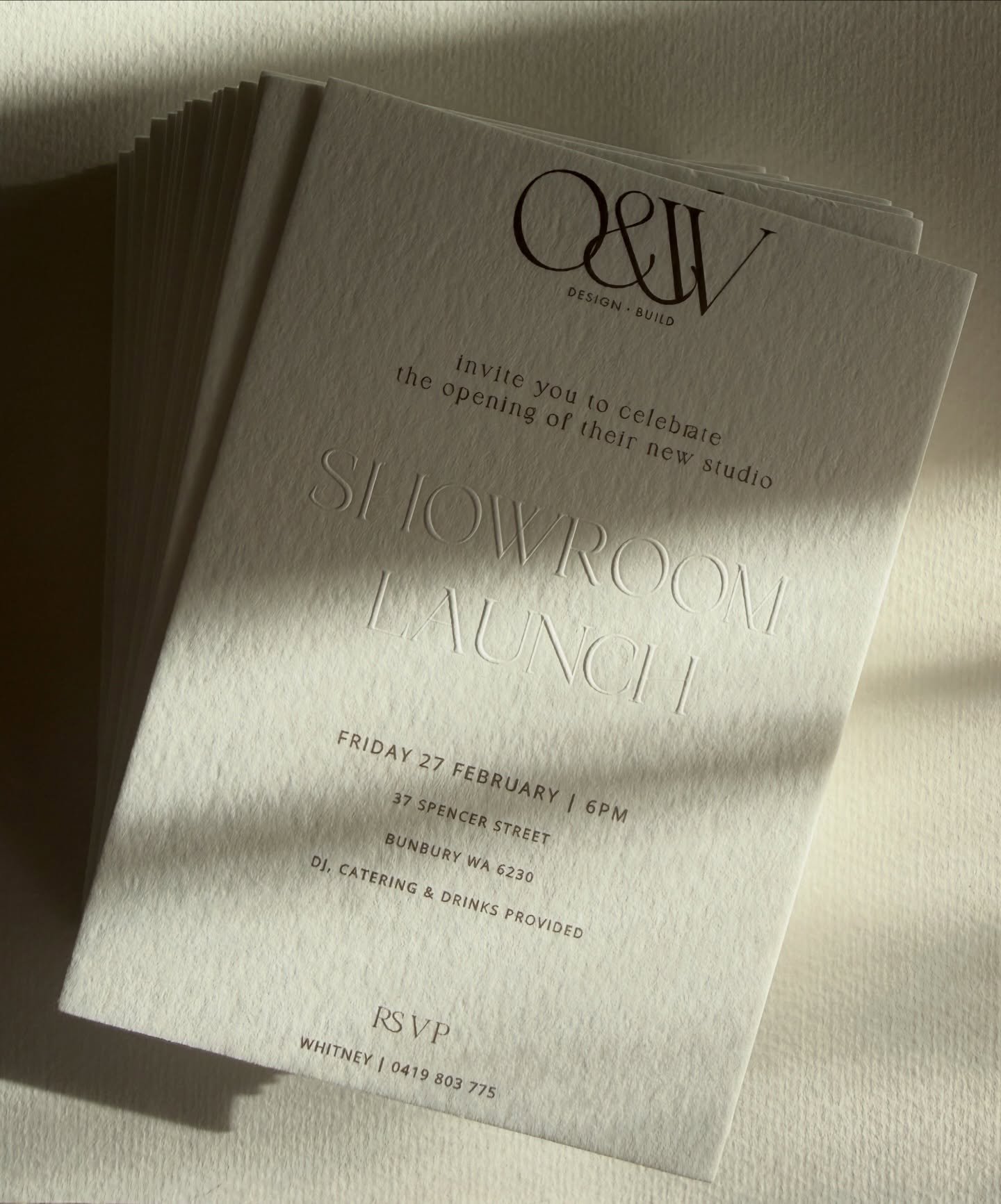 Custom showroom launch invites for @owdesignbuild 

Printed on textured cardstock with a blind emboss finish, the wording reveals itself softly in the light for a refined, tactile feel that suits their aesthetic perfectly.

If you&rsquo;re local, mak