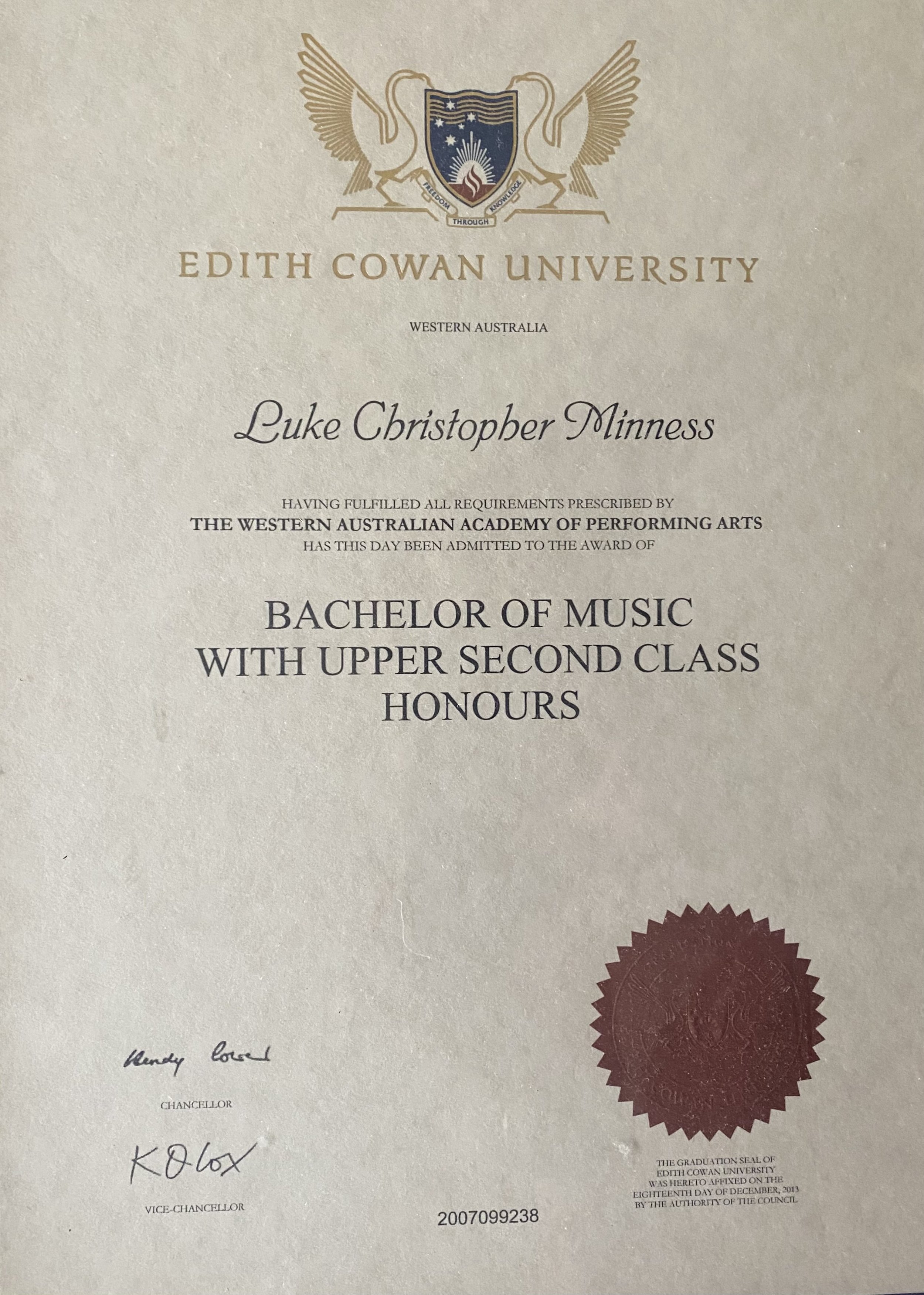 Bachelors of Music with Upper Second Class Honours