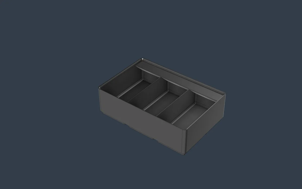 A 3D render of a 2x3 Gridfinity box with 3 compartments, the box is steel coloured on a blue grey background.