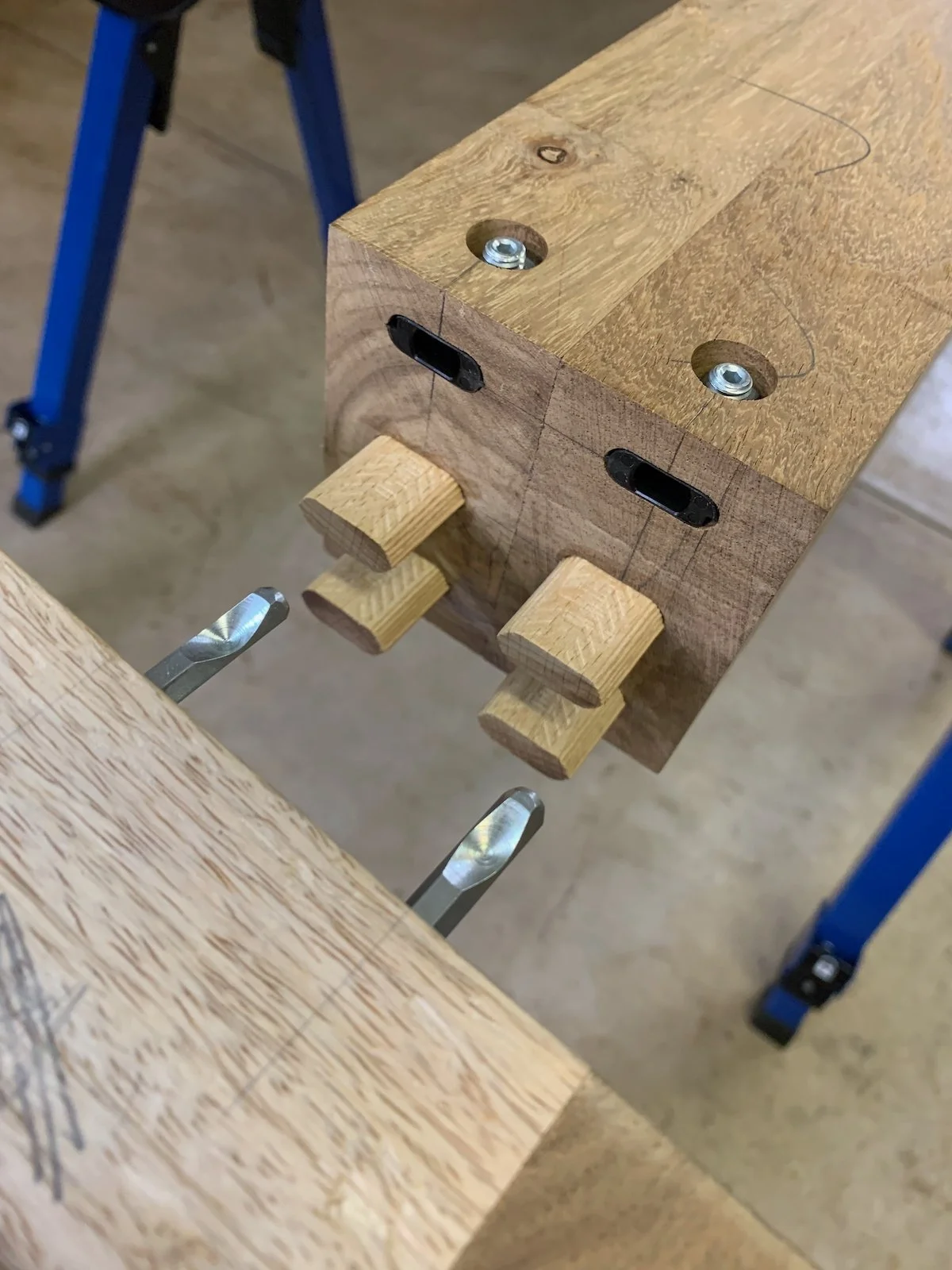 Festool dominos and connectors installed into a wooden cross brace and leg assembly.