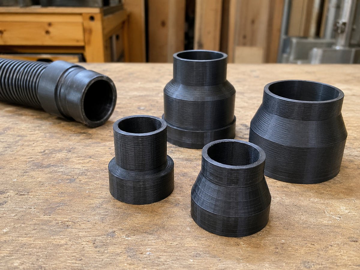 Four 3D printed vacuum adapters printed in black on a wooden bench top.