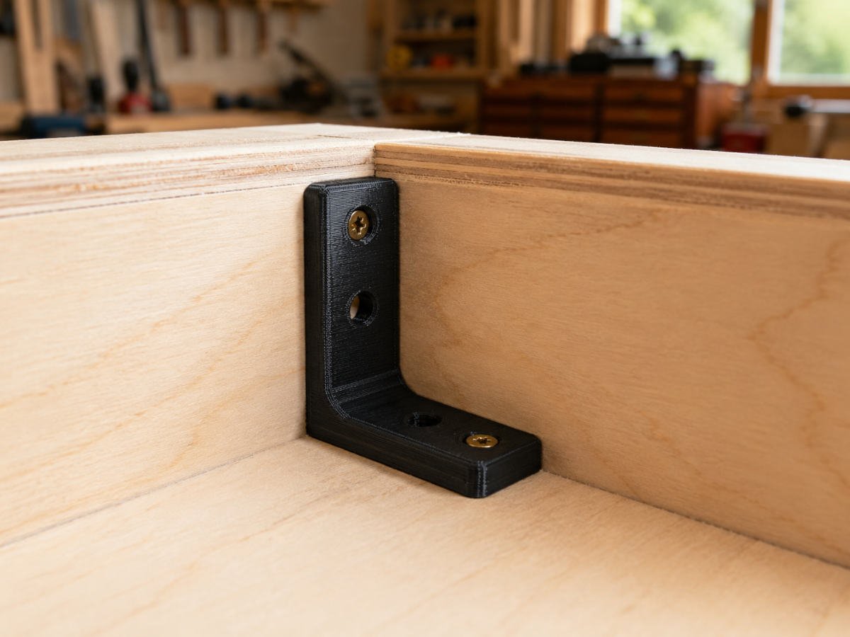 A black 3D printed corner bracket supporting a plywood box internal corner with two brass screws.