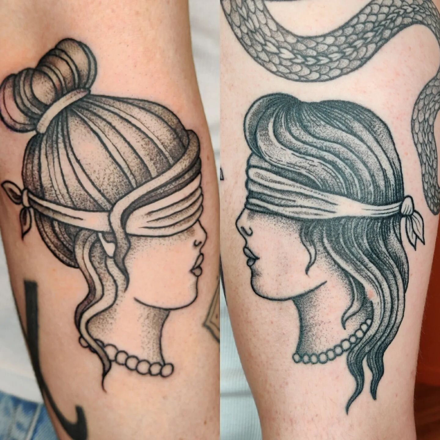 Ive been working with Christian on adding some more dotwork traditional style tattoos to his arms. On the left we have a fresh blindfolded lady, and on the right a healed one. Swipe to see the dagger i made for him, aswell as the healed bird on a bra