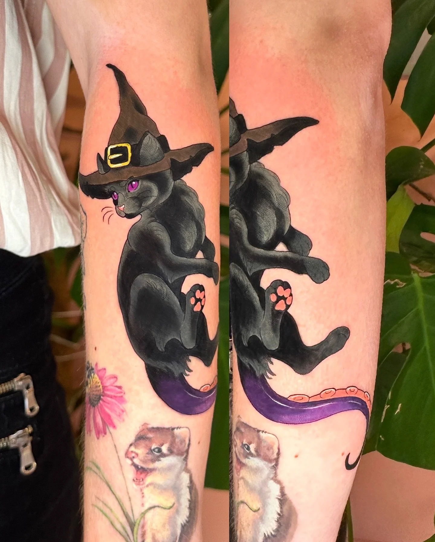 Katt med heksehatt og tentakkelhale basert p&aring; kundens id&eacute;. 🐱🧙&zwj;♀️🐙
.
Mars og april er fullbooket, send meg en DM for &aring; booke tid i mai s&aring; du er klar til sommeren! 🥰
.
#cattattoo #witchtattoo #animaltattoo #norwegiantat