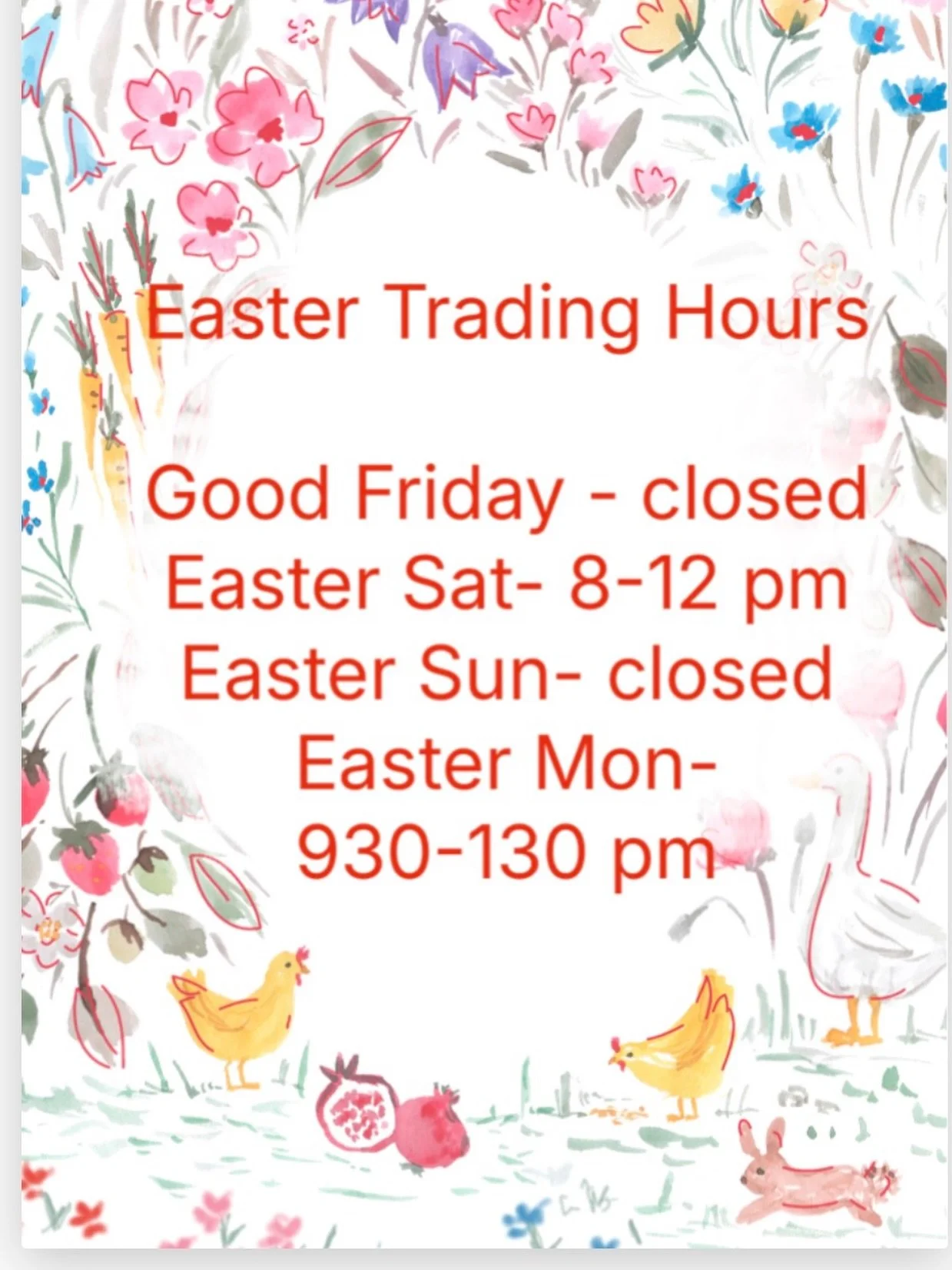 The clinic will be open on  Easter Saturday from 8-12 pm 
0n Easter Monday we are open 930-130 pm ( including our walk in clinic for acutely unwell pts ) or booked appts for a clinic fee 
Wishing all our patients a safe and happy Easter 🐣🐣🐣🐣🐣🐣?