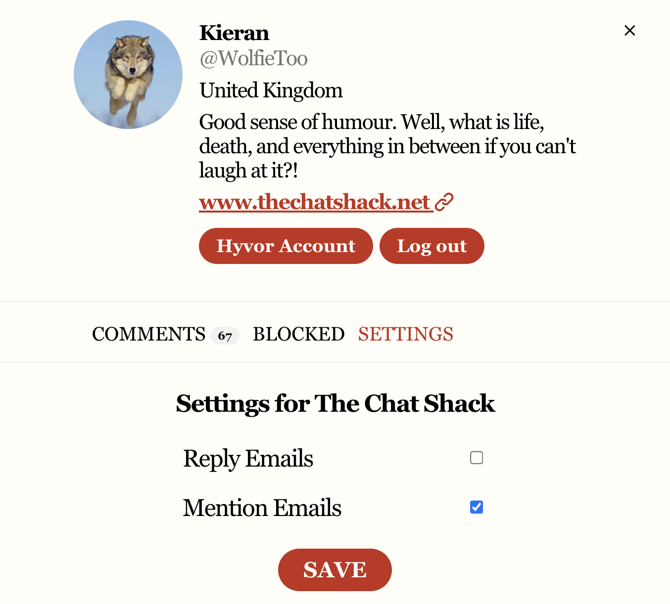 Screenshot of a user profile settings page for The Chat Shack, showing profile picture of a wolf, username Kieran, location United Kingdom, and options to toggle email notification settings.