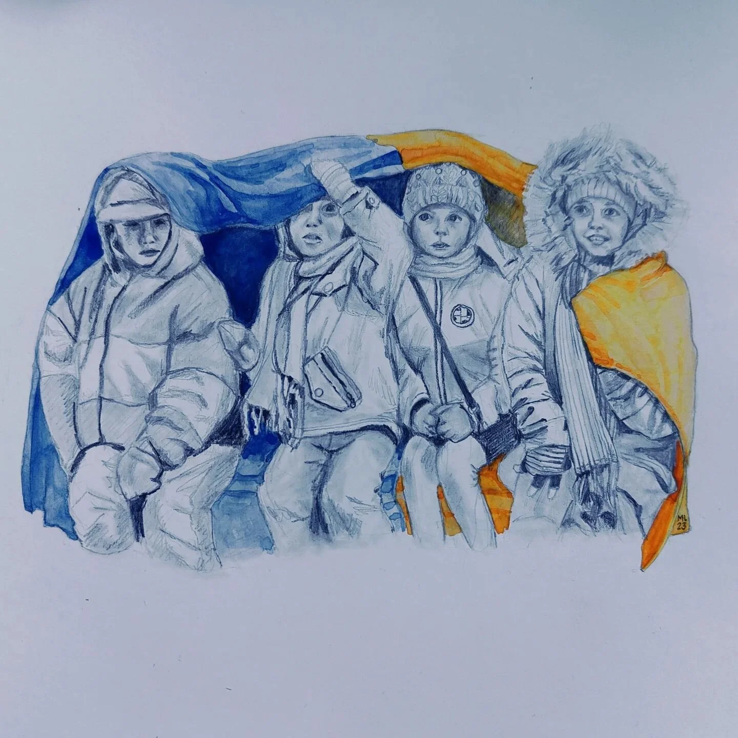 &quot;On our shoulders&quot; / &quot;Harteilla&quot;
🇺🇦🇺🇦🇺🇦🇺🇦🇺🇦🇺🇦

A4 graphite, coal and aquarelle on paper

For the &quot;For Angels&quot; fundraising exhibition at Agora, Jyv&auml;skyl&auml;. My pieces will be there on Friday.

Teokseni