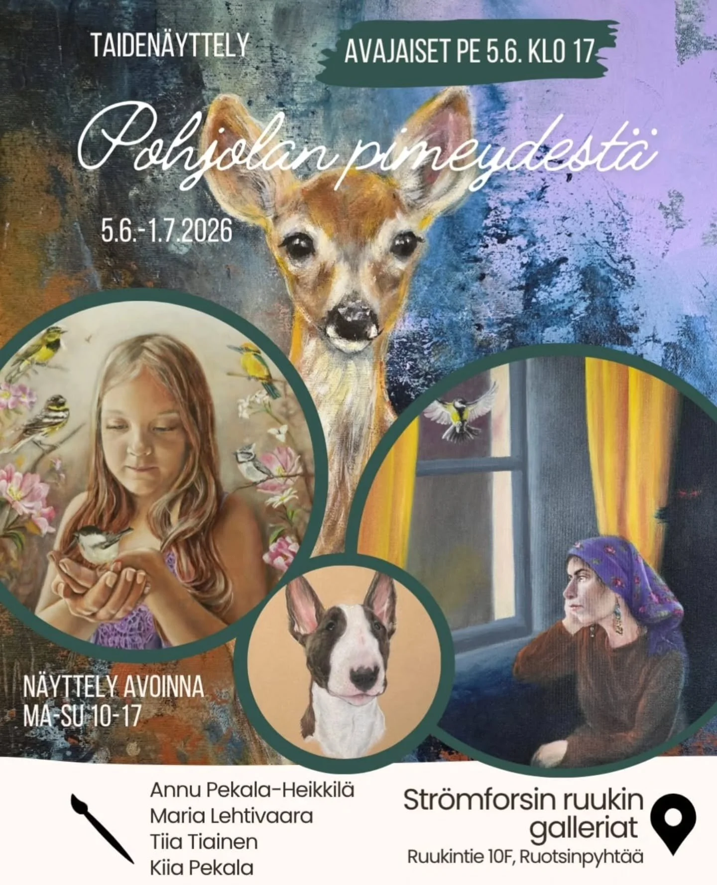 Pohjolan pimeydest&auml; -n&auml;yttely
5.6.-1.7.2026
Str&ouml;mforsin ruukin galleria
Ruotsinpyht&auml;&auml;
Team Vinci

Pohjolan pimeydest&auml; on nelj&auml;n taiteilijan yhteisn&auml;yttely, joka tutkii pohjoisen maiseman ja mielen kerroksia. N&