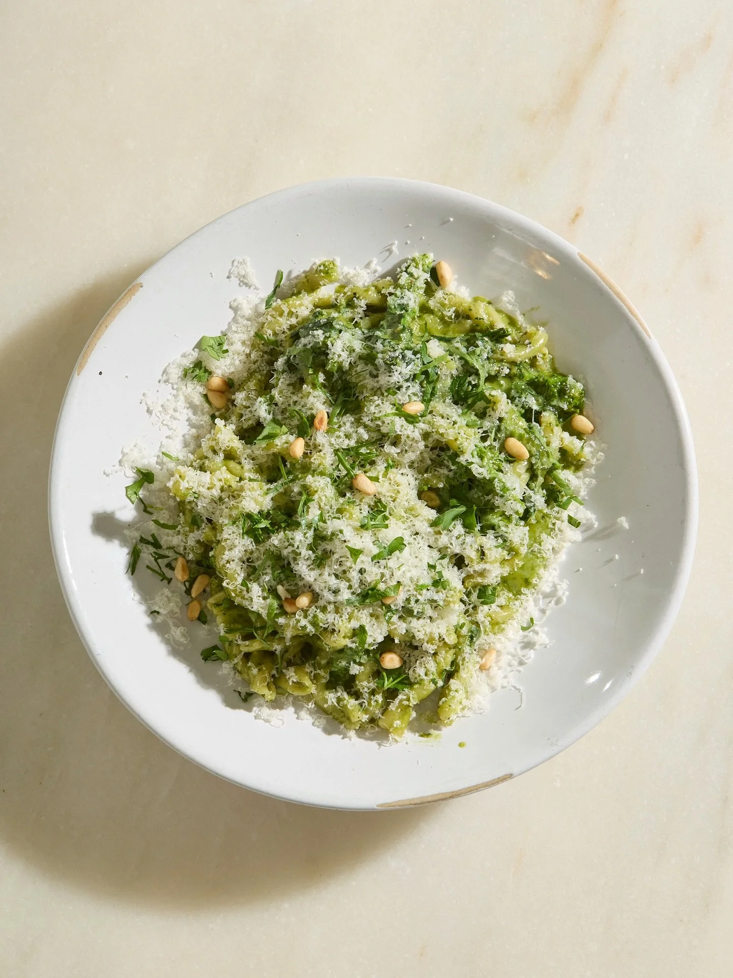 CASARECCE CON PESTO, broccoli rapa, parmigiano pine nuts and pecorino. Pasta the perfect way 🤍