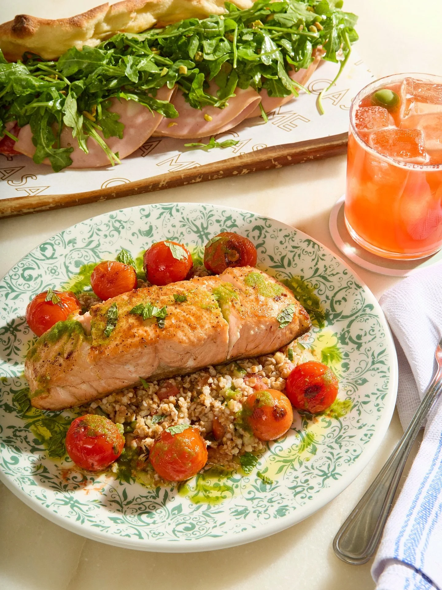 SALMONE ALLA ARROSTO, bulgar-mint salad, cherry tomatoes, basil scapece.