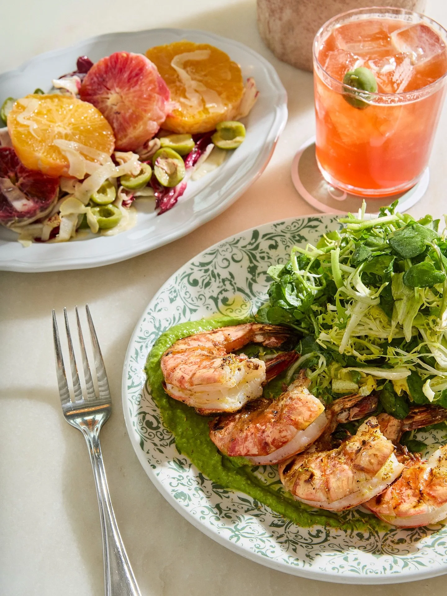 Pranzo is served. SCAMPI ALLA GRIGLIA, grilled shrimp, insalata, salsa verde. Simply delicious.