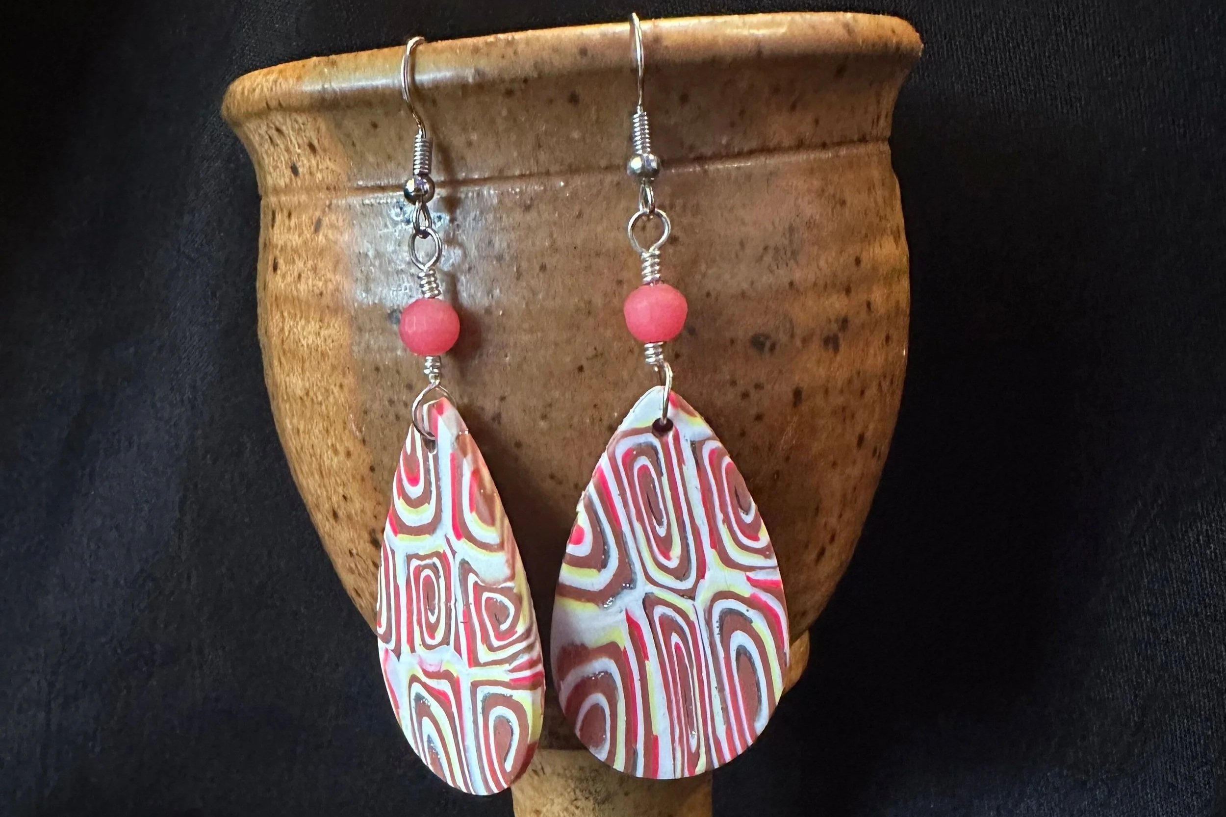 pink, brown, & silver swirl teardrop earring