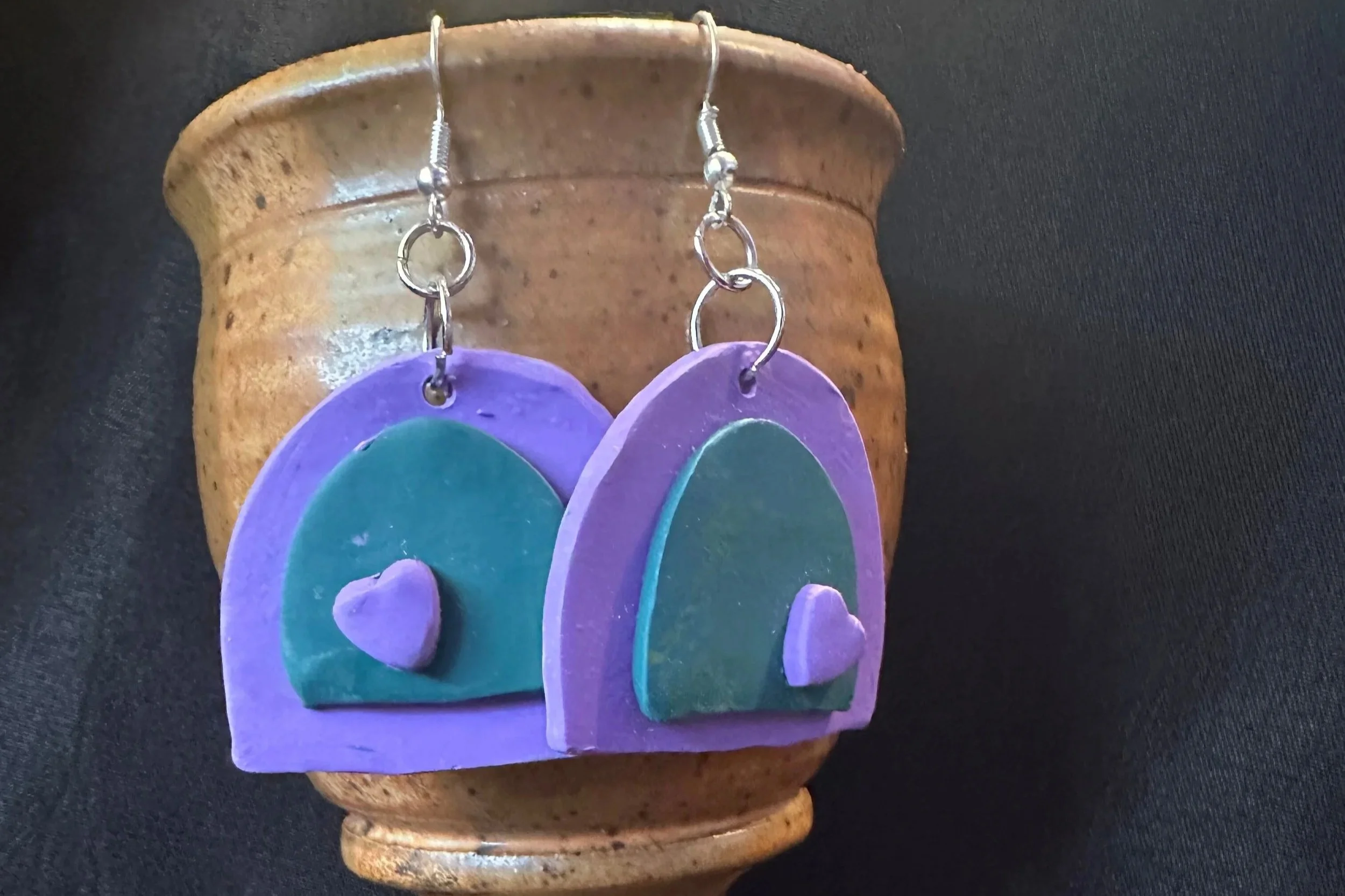 purple & green arch with heart earring