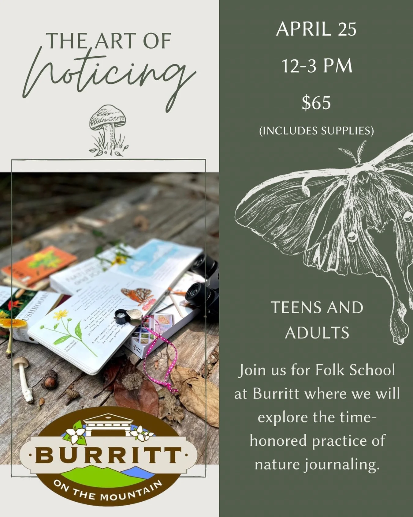 I am excited to teach nature journaling for Folk School at Burritt on the Mountain this month! Join us on April 25 from 12-3 as we explore the trails and learn techniques for how to observe and record your findings in a sketchbook. Geared for teens a