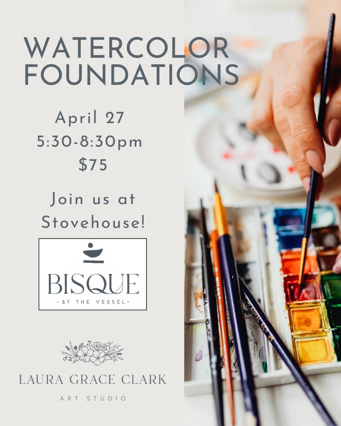 Who wants to learn watercolor? Bring your own beverage and join us for a fun night out learning the foundational skills of watercolor at Bisque by the Vessel @ Stovehouse. In this 3-hour workshop, you will get a strong foundation to begin exploring t