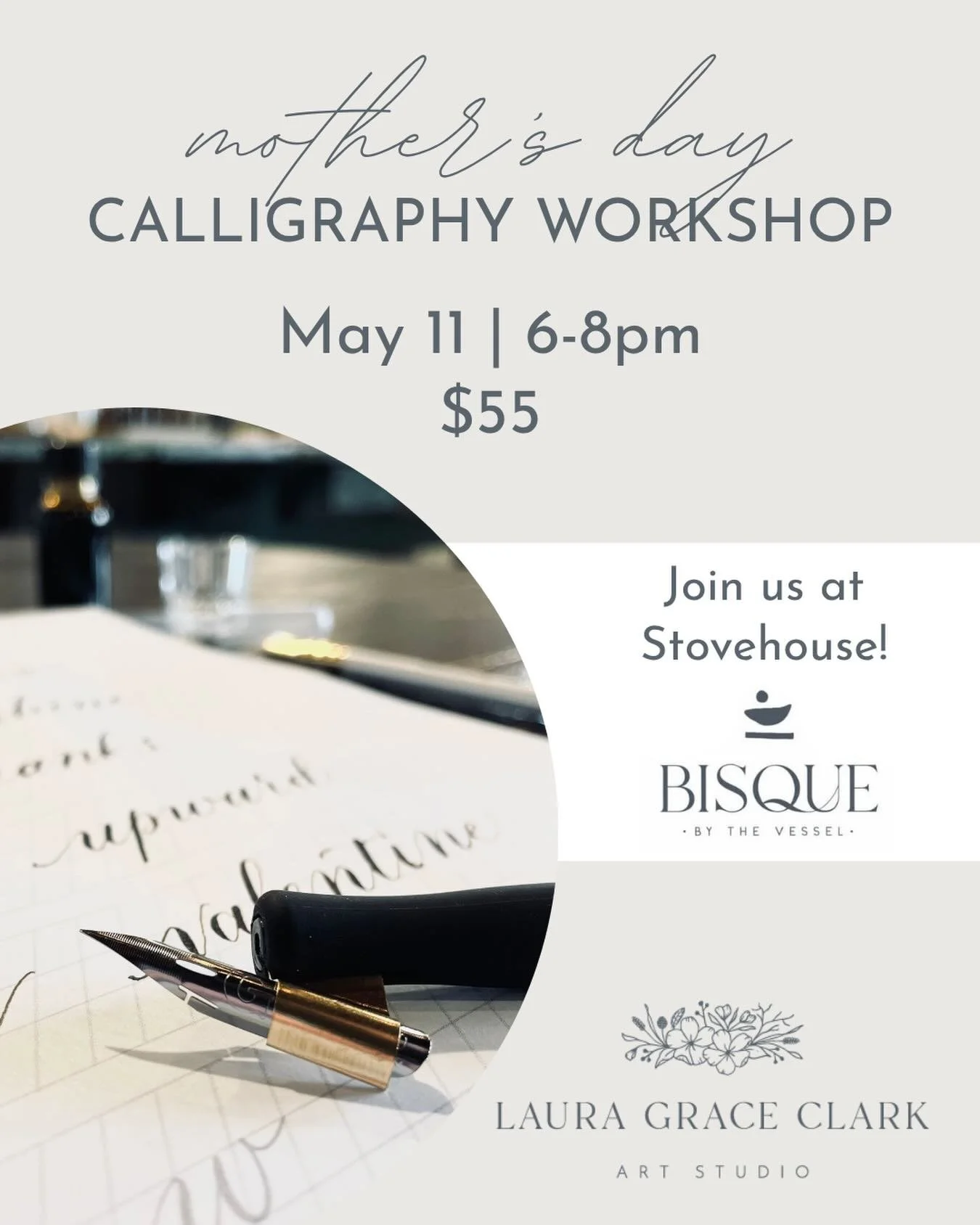 Looking for something fun to do with mom? Join us for an Intro to Calligraphy Workshop on May 11 at @bisquehsv at Stovehouse!We will learn how to use a pointed pen and ink, cover the basic strokes of letter formation (You don&rsquo;t have to have goo