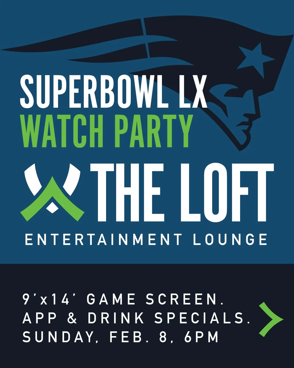 The biggest game of the year deserves a big screen. Join us at The Loft to cheer on the Pats as they play the Seahawks in the Super Bowl, next Sunday Feburary 8th! 🏈🎿

#drakemayelover
