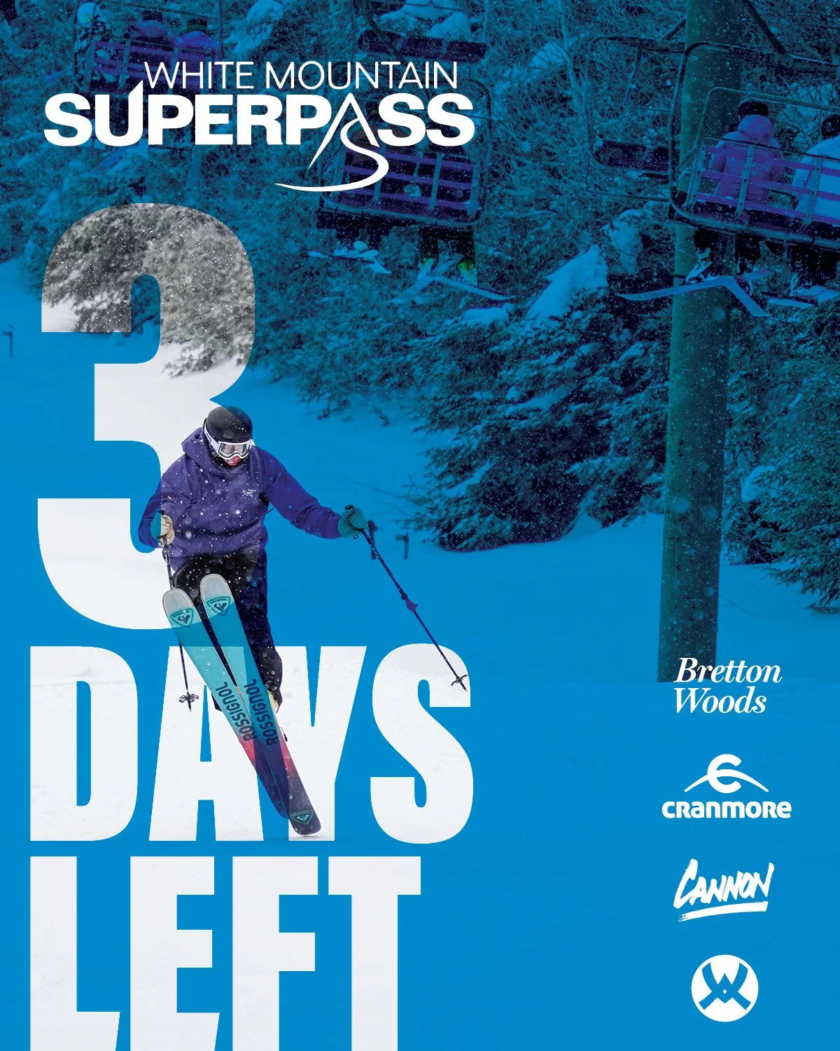 1 pass. 4 mountains. 0 blackout dates. 

Only 3 days left to buy the White Mountain Superpass with its perks: 
❄ Unlimited access to Waterville, Cannon Mountain, Bretton Woods, &amp; Cranmore Mountain Resort 
❄ Discounted lift tickets for your buddie
