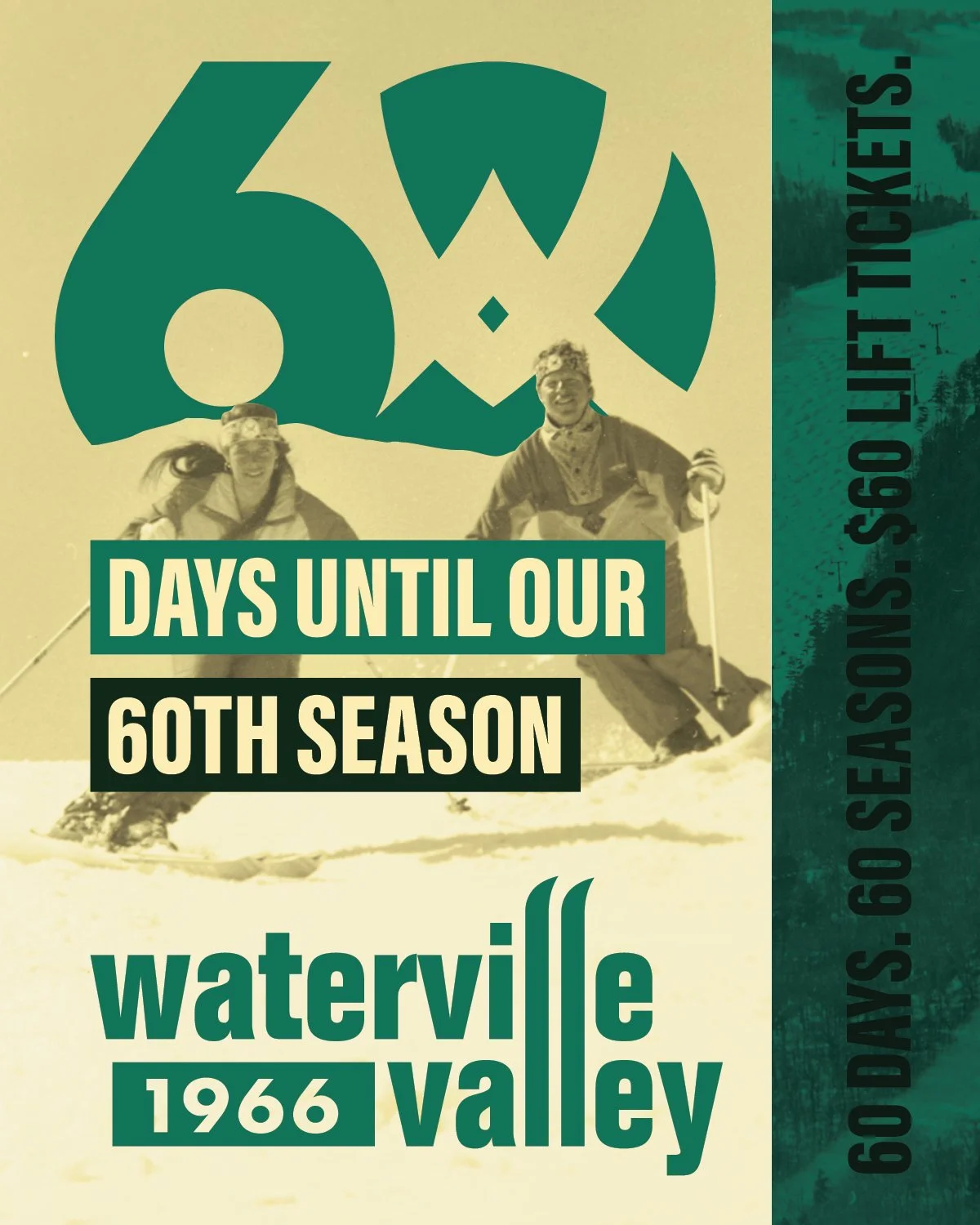 60 days. 60 seasons. $60 tickets. 

We&rsquo;re officially 60 days away from our 60th winter season, so naturally, we&rsquo;re celebrating with a $60 midweek lift ticket flash sale. 🎿

ONE DAY ONLY, score $60 midweek lift tickets and join us for a m