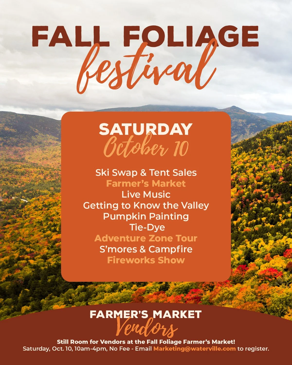 THIS WEEKEND: 🍁🍻⛰️🎶🎃

Fall Foliage Festival is here! Come catch peak fall vibes with one of our biggest weekends of the season: tent sales, farmer's market, pumpkin painting, s'mores, fireworks, Schwendi Fest, Comedy Night - all in the White Moun